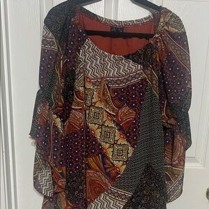 New Directions Red and Gold Patterned Blouse